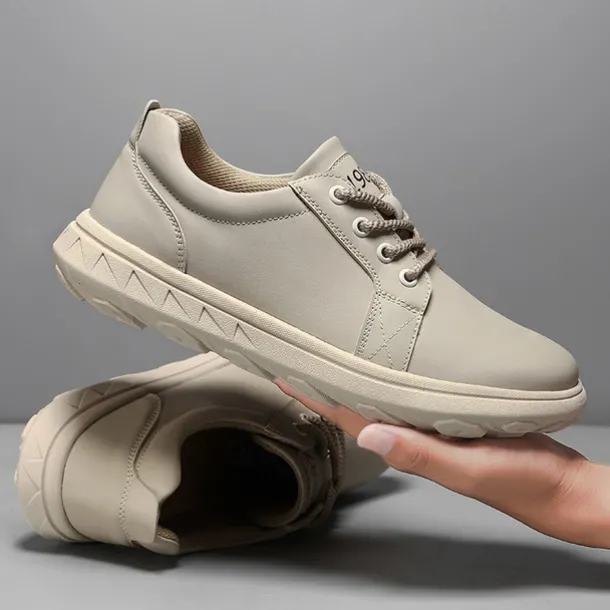 Men's Casual Beige Leather Sneakers with Lace-Up Design - Perfect for Everyday Comfort and Leisure Activities