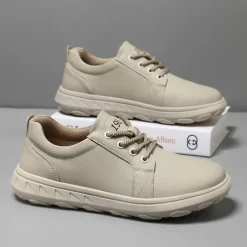 Men's Casual Beige Leather Sneakers with Lace-Up Design - Perfect for Everyday Comfort and Leisure Activities