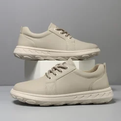 Men's Casual Beige Leather Sneakers with Lace-Up Design - Perfect for Everyday Comfort and Leisure Activities