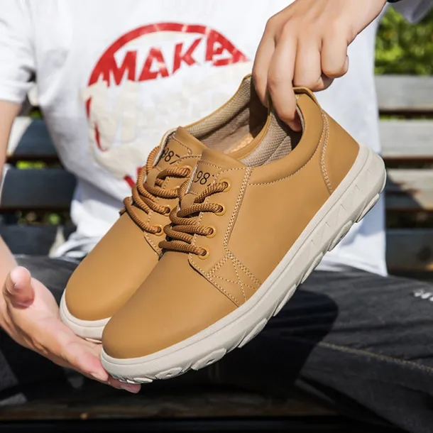Men's Casual Beige Leather Sneakers with Lace-Up Design - Perfect for Everyday Comfort and Leisure Activities