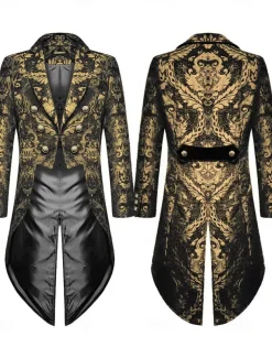 Men's Casual Blazer Black Gold Vampire Gothic Plus Size Jacket Showman Tuxedo Tailcoat Dress Frock Coat Steampunk Victorian