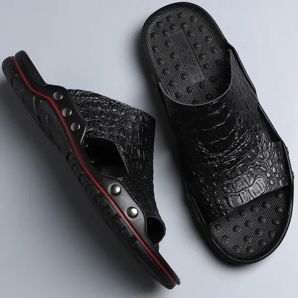 Men's Casual Brown Slide Sandals with Crocodile Pattern and Durable Rubber Sole – Comfortable Outdoor Footwear for Summer, Beach and Daily Wear