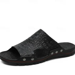 Men's Casual Brown Slide Sandals with Crocodile Pattern and Durable Rubber Sole – Comfortable Outdoor Footwear for Summer, Beach and Daily Wear