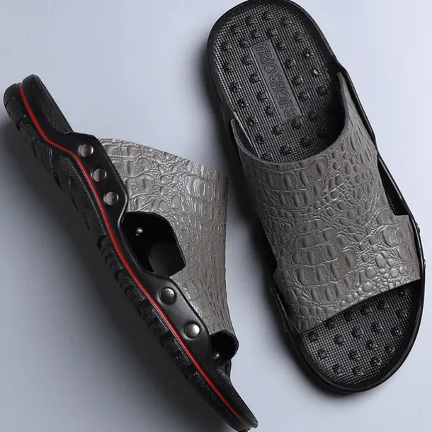 Men's Casual Brown Slide Sandals with Crocodile Pattern and Durable Rubber Sole – Comfortable Outdoor Footwear for Summer, Beach and Daily Wear