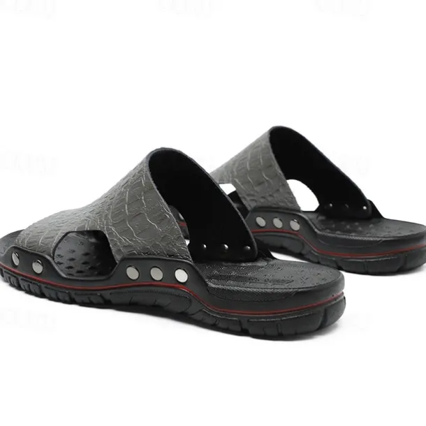 Men's Casual Brown Slide Sandals with Crocodile Pattern and Durable Rubber Sole – Comfortable Outdoor Footwear for Summer, Beach and Daily Wear