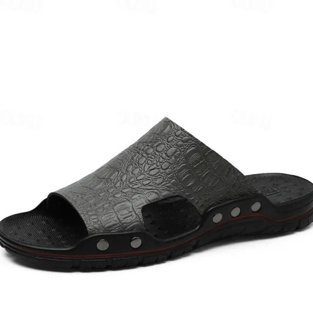 Men's Casual Brown Slide Sandals with Crocodile Pattern and Durable Rubber Sole – Comfortable Outdoor Footwear for Summer, Beach and Daily Wear