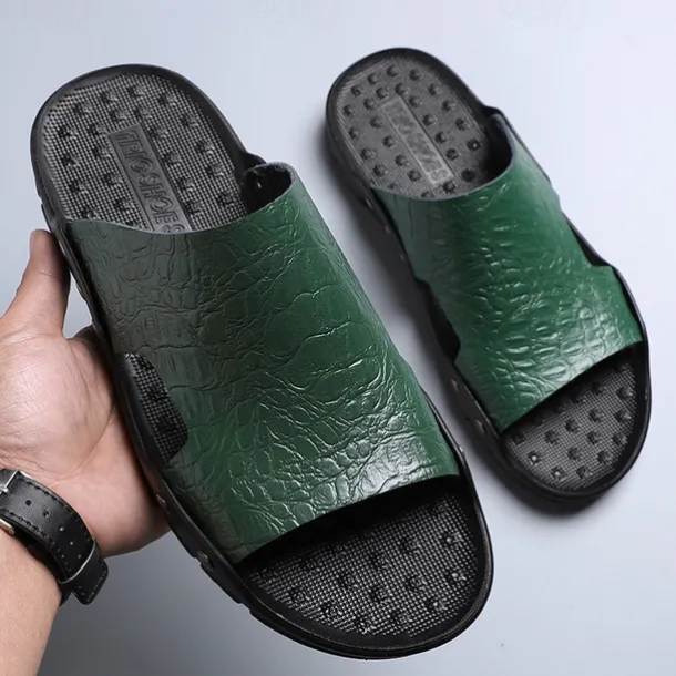 Men's Casual Brown Slide Sandals with Crocodile Pattern and Durable Rubber Sole – Comfortable Outdoor Footwear for Summer, Beach and Daily Wear