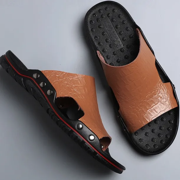 Men's Casual Brown Slide Sandals with Crocodile Pattern and Durable Rubber Sole – Comfortable Outdoor Footwear for Summer, Beach and Daily Wear