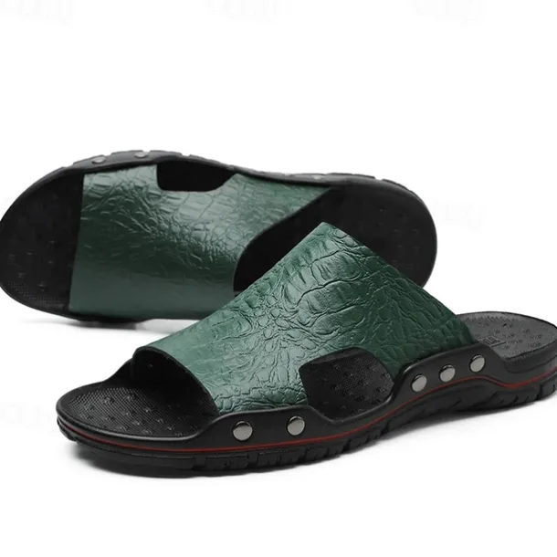 Men's Casual Brown Slide Sandals with Crocodile Pattern and Durable Rubber Sole – Comfortable Outdoor Footwear for Summer, Beach and Daily Wear