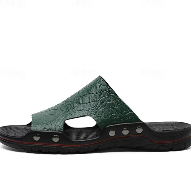 Men's Casual Brown Slide Sandals with Crocodile Pattern and Durable Rubber Sole – Comfortable Outdoor Footwear for Summer, Beach and Daily Wear