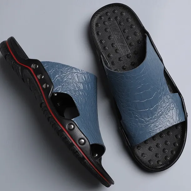 Men's Casual Brown Slide Sandals with Crocodile Pattern and Durable Rubber Sole – Comfortable Outdoor Footwear for Summer, Beach and Daily Wear