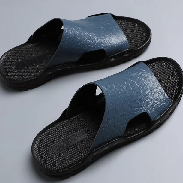 Men's Casual Brown Slide Sandals with Crocodile Pattern and Durable Rubber Sole – Comfortable Outdoor Footwear for Summer, Beach and Daily Wear