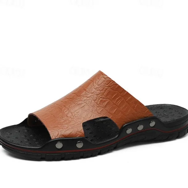 Men's Casual Brown Slide Sandals with Crocodile Pattern and Durable Rubber Sole – Comfortable Outdoor Footwear for Summer, Beach and Daily Wear