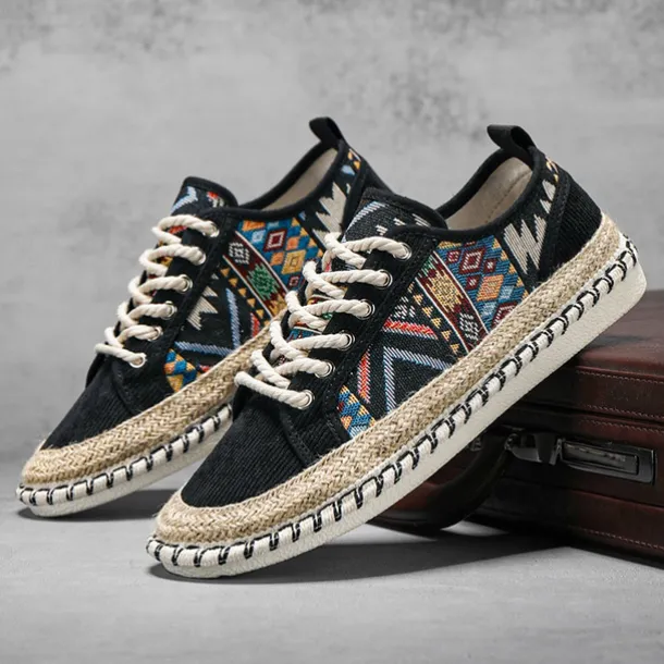 Men's Casual Canvas Sneakers with Tribal Print and Jute Rope Sole – Comfortable Everyday Footwear