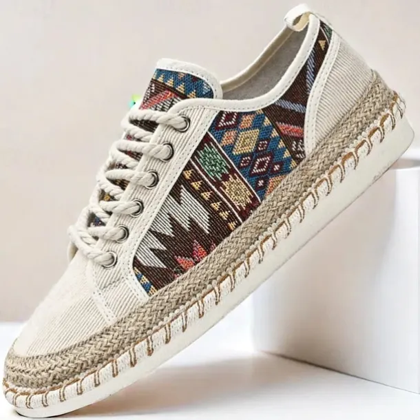 Men's Casual Canvas Sneakers with Tribal Print and Jute Rope Sole – Comfortable Everyday Footwear