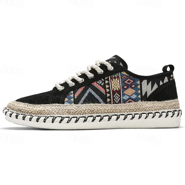 Men's Casual Canvas Sneakers with Tribal Print and Jute Rope Sole – Comfortable Everyday Footwear