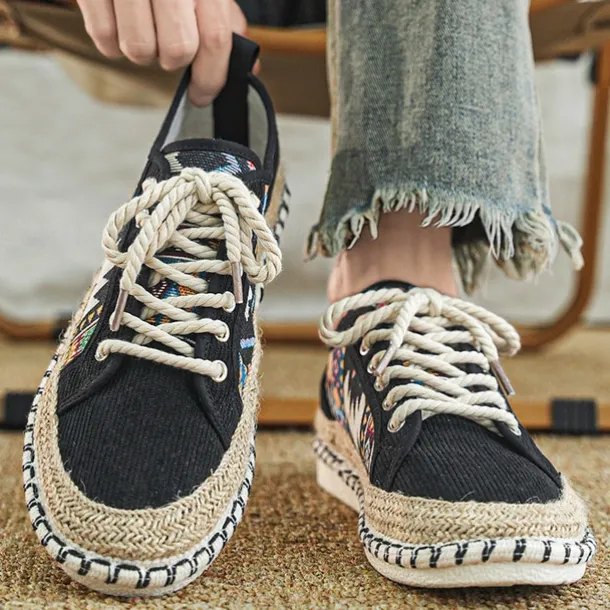 Men's Casual Canvas Sneakers with Tribal Print and Jute Rope Sole – Comfortable Everyday Footwear