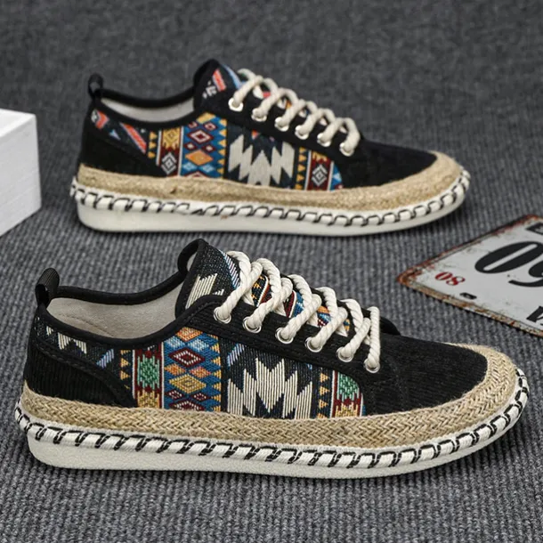 Men's Casual Canvas Sneakers with Tribal Print and Jute Rope Sole – Comfortable Everyday Footwear