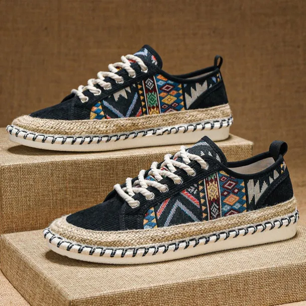 Men's Casual Canvas Sneakers with Tribal Print and Jute Rope Sole – Comfortable Everyday Footwear