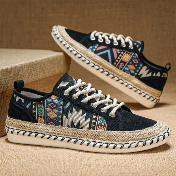 Men's Casual Canvas Sneakers with Tribal Print and Jute Rope Sole – Comfortable Everyday Footwear