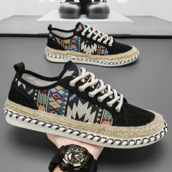 Men's Casual Canvas Sneakers with Tribal Print and Jute Rope Sole – Comfortable Everyday Footwear