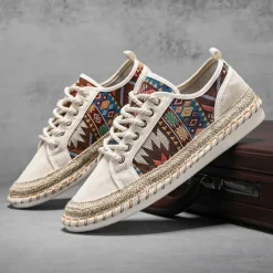 Men's Casual Canvas Sneakers with Tribal Print and Jute Rope Sole – Comfortable Everyday Footwear