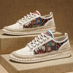 Men's Casual Canvas Sneakers with Tribal Print and Jute Rope Sole – Comfortable Everyday Footwear