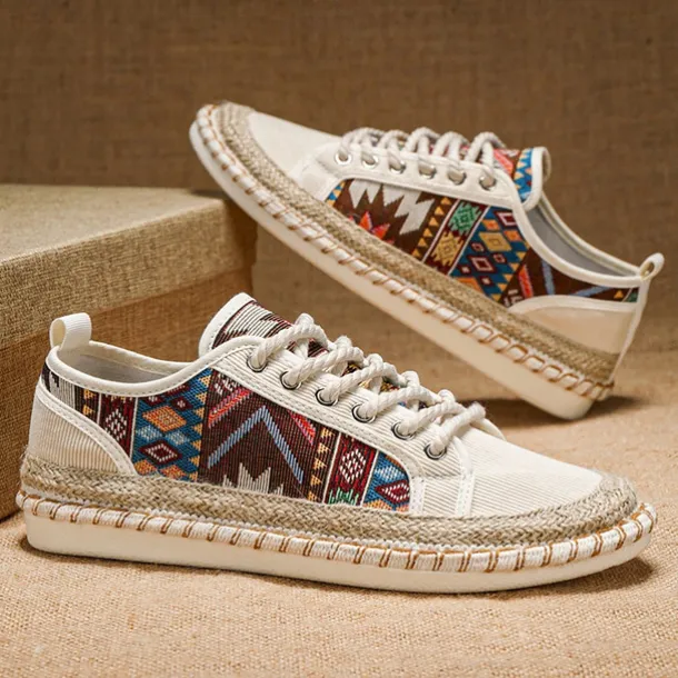 Men's Casual Canvas Sneakers with Tribal Print and Jute Rope Sole – Comfortable Everyday Footwear