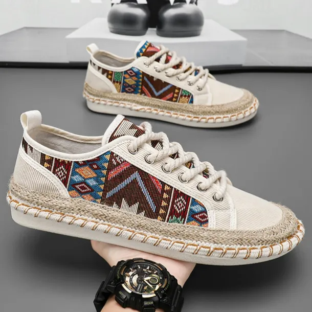 Men's Casual Canvas Sneakers with Tribal Print and Jute Rope Sole – Comfortable Everyday Footwear