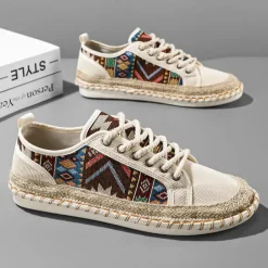 Men's Casual Canvas Sneakers with Tribal Print and Jute Rope Sole – Comfortable Everyday Footwear