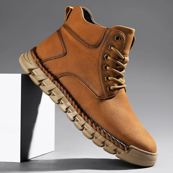 Men's Casual Faux Leather Ankle Boots - Lightweight Brown Lace-Up with Durable Flexible Sole for Outdoor and Everyday Wear