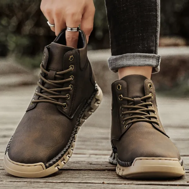 Men's Casual Faux Leather Ankle Boots - Lightweight Brown Lace-Up with Durable Flexible Sole for Outdoor and Everyday Wear