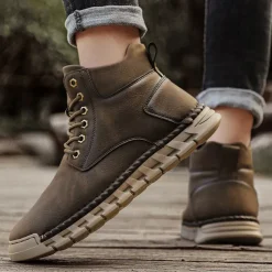 Men's Casual Faux Leather Ankle Boots - Lightweight Brown Lace-Up with Durable Flexible Sole for Outdoor and Everyday Wear