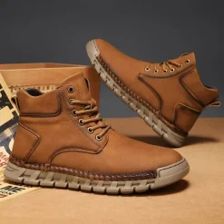 Men's Casual Faux Leather Ankle Boots - Lightweight Brown Lace-Up with Durable Flexible Sole for Outdoor and Everyday Wear