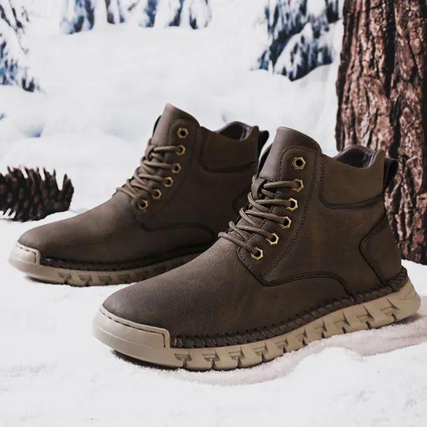 Men's Casual Faux Leather Ankle Boots - Lightweight Brown Lace-Up with Durable Flexible Sole for Outdoor and Everyday Wear