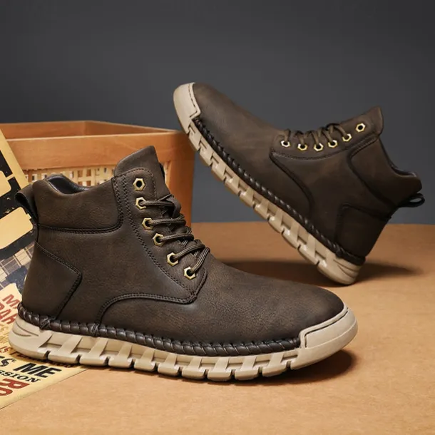 Men's Casual Faux Leather Ankle Boots - Lightweight Brown Lace-Up with Durable Flexible Sole for Outdoor and Everyday Wear