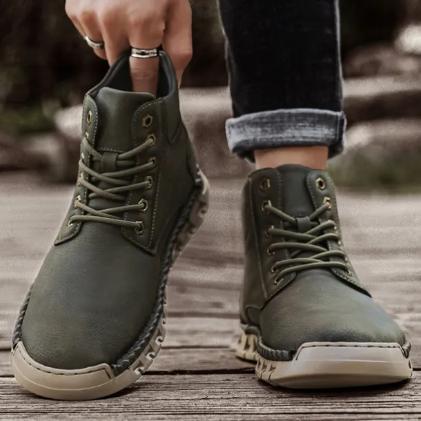 Men's Casual Faux Leather Ankle Boots - Lightweight Brown Lace-Up with Durable Flexible Sole for Outdoor and Everyday Wear