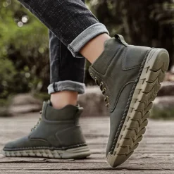 Men's Casual Faux Leather Ankle Boots - Lightweight Brown Lace-Up with Durable Flexible Sole for Outdoor and Everyday Wear