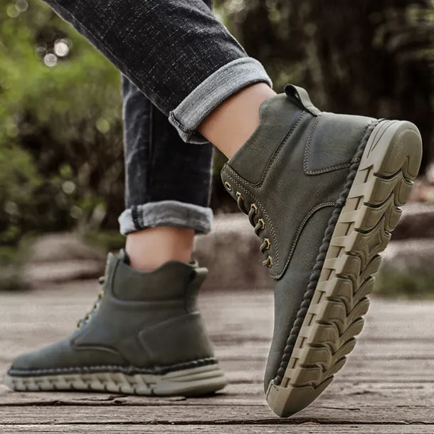 Men's Casual Faux Leather Ankle Boots - Lightweight Brown Lace-Up with Durable Flexible Sole for Outdoor and Everyday Wear