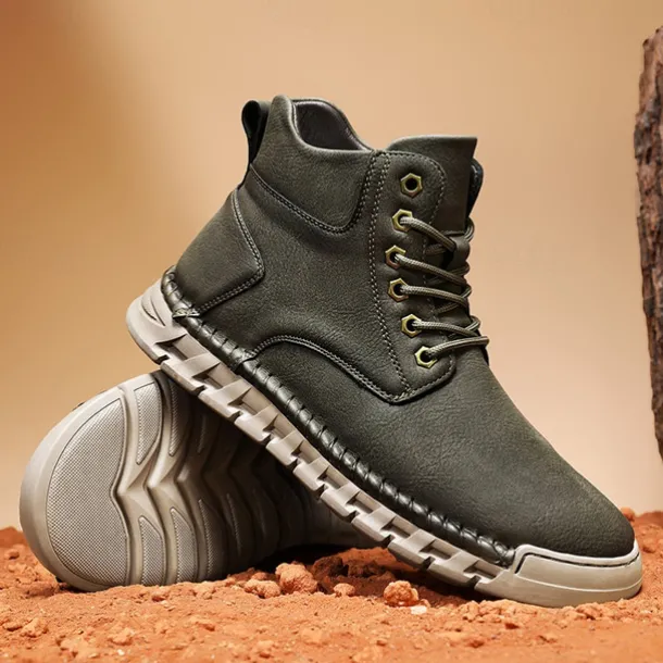 Men's Casual Faux Leather Ankle Boots - Lightweight Brown Lace-Up with Durable Flexible Sole for Outdoor and Everyday Wear