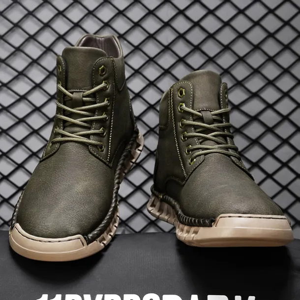 Men's Casual Faux Leather Ankle Boots - Lightweight Brown Lace-Up with Durable Flexible Sole for Outdoor and Everyday Wear