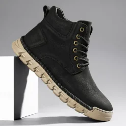 Men's Casual Faux Leather Ankle Boots - Lightweight Brown Lace-Up with Durable Flexible Sole for Outdoor and Everyday Wear