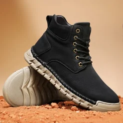 Men's Casual Faux Leather Ankle Boots - Lightweight Brown Lace-Up with Durable Flexible Sole for Outdoor and Everyday Wear