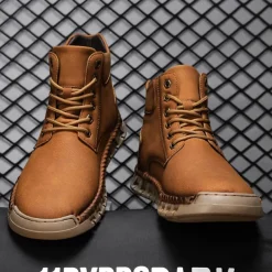 Men's Casual Faux Leather Ankle Boots - Lightweight Brown Lace-Up with Durable Flexible Sole for Outdoor and Everyday Wear