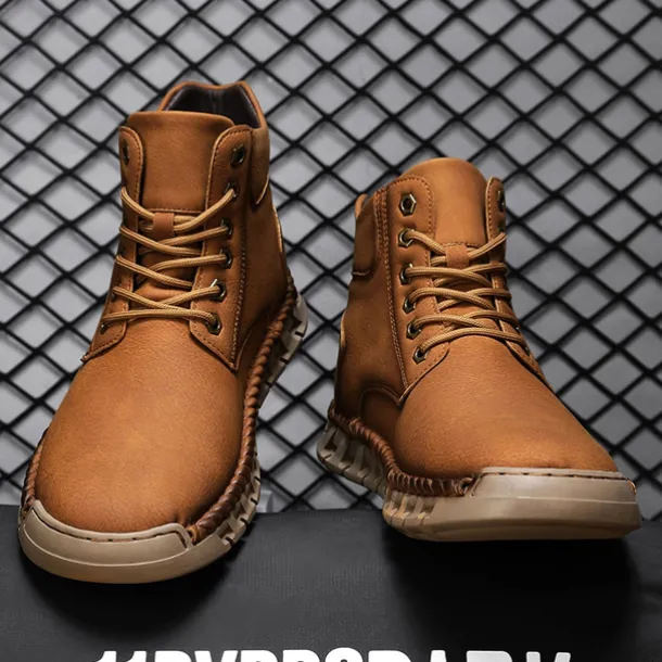 Men's Casual Faux Leather Ankle Boots - Lightweight Brown Lace-Up with Durable Flexible Sole for Outdoor and Everyday Wear