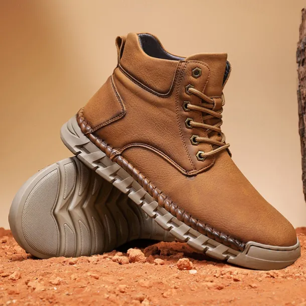 Men's Casual Faux Leather Ankle Boots - Lightweight Brown Lace-Up with Durable Flexible Sole for Outdoor and Everyday Wear