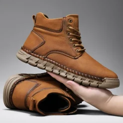 Men's Casual Faux Leather Ankle Boots - Lightweight Brown Lace-Up with Durable Flexible Sole for Outdoor and Everyday Wear