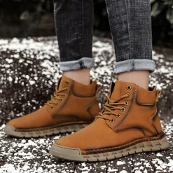 Men's Casual Faux Leather Ankle Boots - Lightweight Brown Lace-Up with Durable Flexible Sole for Outdoor and Everyday Wear