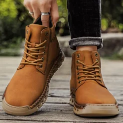 Men's Casual Faux Leather Ankle Boots - Lightweight Brown Lace-Up with Durable Flexible Sole for Outdoor and Everyday Wear