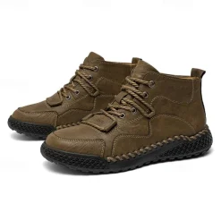 Men's Casual Lace-Up Ankle Boots – Faux Leather Handmade Moccasin-Style Outdoor Shoes with Hand-Stitched Details and Non-Slip Sole for Hiking and Daily Wear